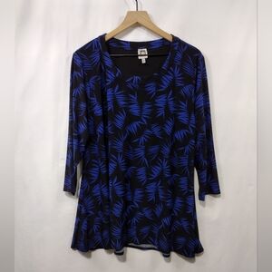 Anne Klein Leaves Print Blouse Women's XL Black Blue Boho Retro 90s Y2K